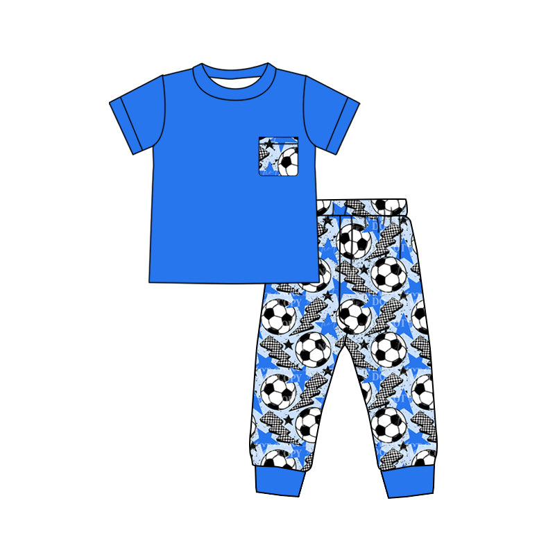 Baby Boys Blue Short Sleeve Tee Shirt Top Soccer Pants Pajamas Clothes Sets Preorder(moq 5)