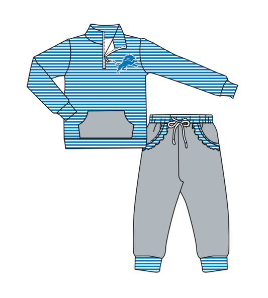 Preorder (moq 5)Baby Girls Blue Stripe Lions Zip Pullover Pockets Jogger Team Clothes Sets