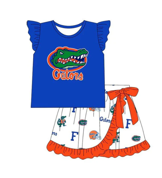 Preorder moq 5 Baby Girls Blue Flutter Sleeves Crocodiles Top Ruffle Skorts Team Set