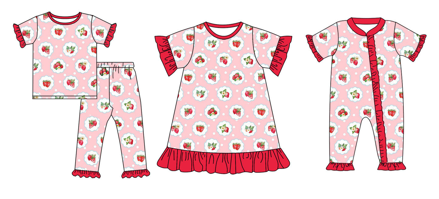 Preorder(moq 5 each)Sibling Baby Girls Red Strawberry Flowers Romper Dress Pajamas Sets