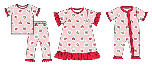 Preorder(moq 5 each)Sibling Baby Girls Red Strawberry Flowers Romper Dress Pajamas Sets