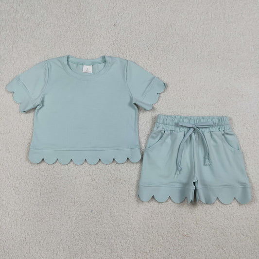 Baby Girls Light Blue Short Sleeve Top Pockets Shorts Cotton Scallop Clothes Sets