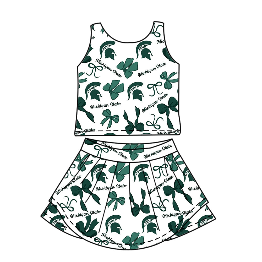 Preorder (moq 5)Baby Girls Sleeveless Michigan State Bows Top Skirt Shorts Team Clothes Sets