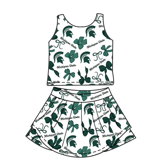 Preorder (moq 5)Baby Girls Sleeveless Michigan State Bows Top Skirt Shorts Team Clothes Sets