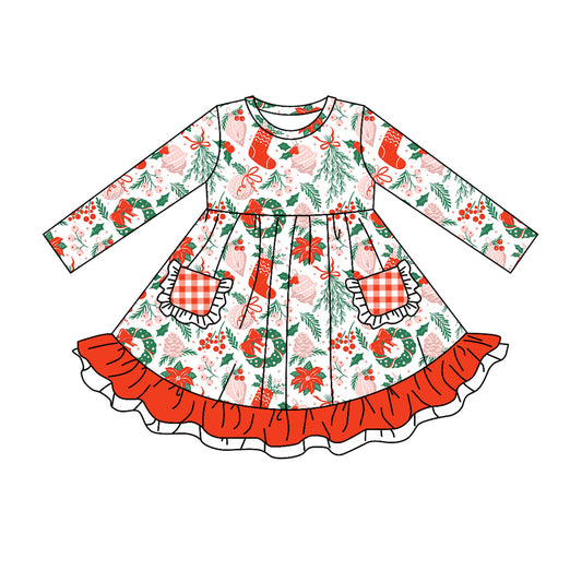 Baby Girls Christmas Tree Pockets Ruffles Knee Length Dresses Preorder(moq 5)