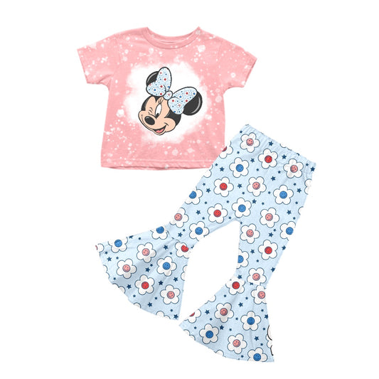 Baby Girls Pink Cartoon Mouse Shirt Flowers Bell Pants Clothes Sets order preorder (moq 5)
