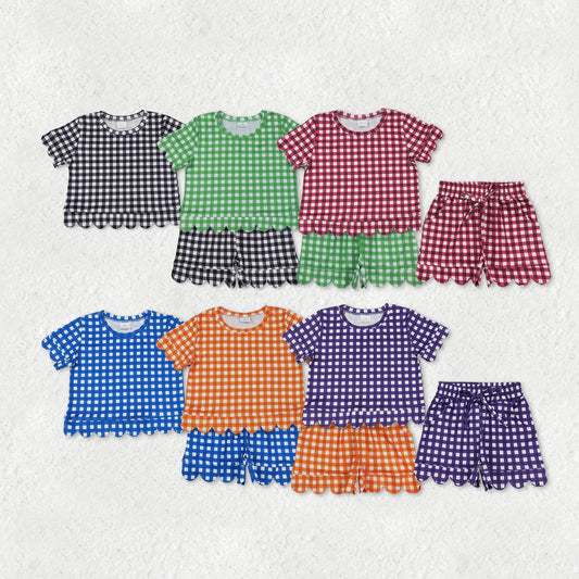 Sibling Baby Girls Short Sleeve Colorful Checked Top Pockets Short Scallop Clothes Sets