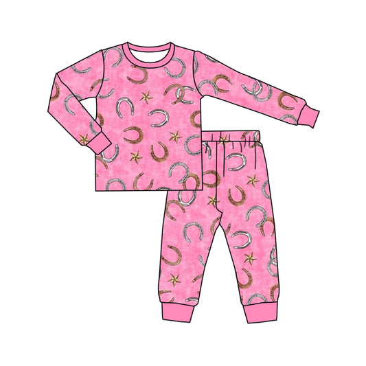 Baby Girls Western Horse Shoes Tee Top Pants Pajamas Clothes Sets preorder(MOQ 5)