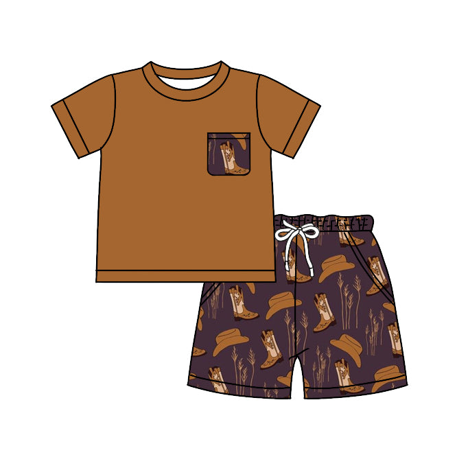 Baby Boys Brown Short Sleeve Top Boots Hats Shorts Clothes Sets preorder(moq 5)