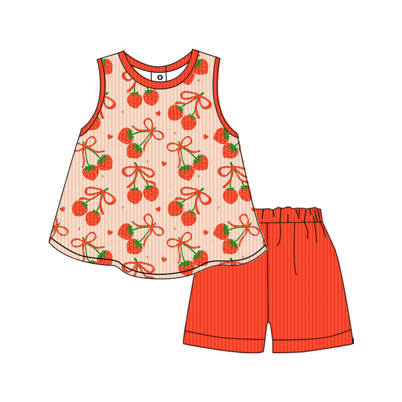 Preorder (moq 5)Baby Girls Summer Red Strawberry Ribbed Tunic Shorts Clothes Sets