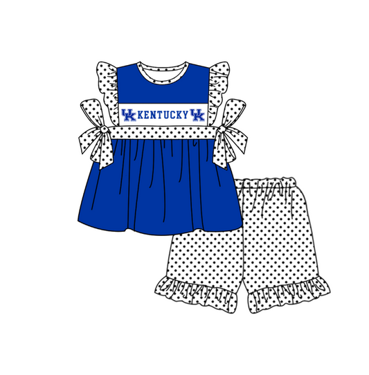 Preorder (moq 5)Baby Girls Blue Kentucky Tunic Polka Dots Ruffle Shorts Team Clothes Sets