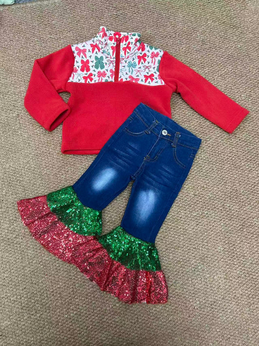 Baby Girls Green Red Bows Plaid Zip Pullovers Denim Jeans Christmas Clothes Sets