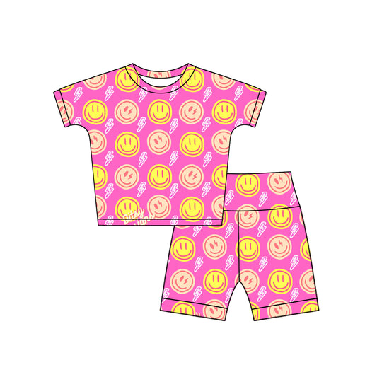 Preorder (moq 5)Baby Girls Pink Short Sleeves Yellow Smiles Top Shorts Pajamas Set Preorder