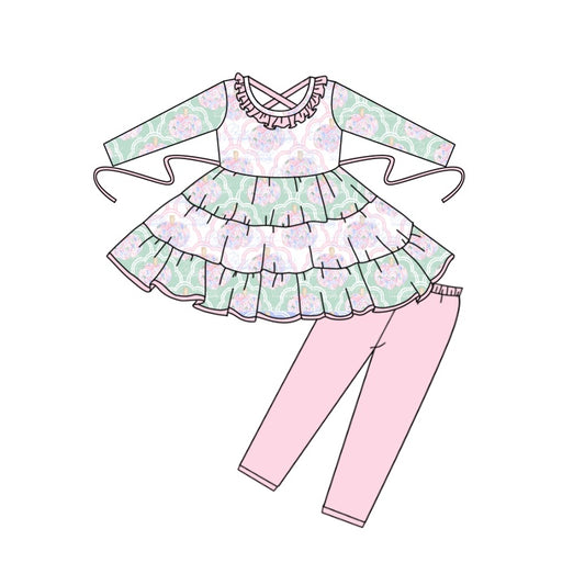 Baby Girls Green Pumpkin Ruffle Tunic Legging Outfits Clothes Sets Preorder(moq 5)
