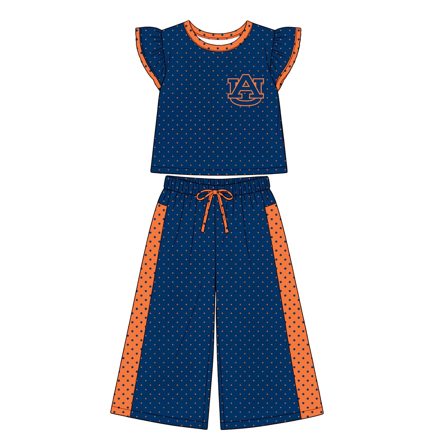 Preorder (moq 5)Baby Girls Flutter Sleeve AU Polka Dots Top Flare Pant Team Clothes Set