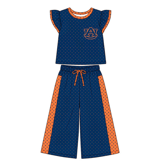 Preorder (moq 5)Baby Girls Flutter Sleeve AU Polka Dots Top Flare Pant Team Clothes Set