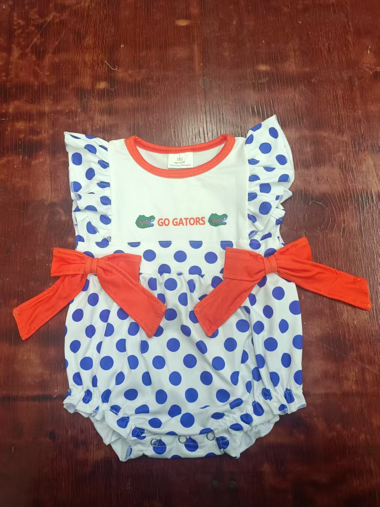 Preorder moq 5 Baby Girls Flutter Sleeves Blue Polka Dots Go Gators Bows Ruffle Rompers