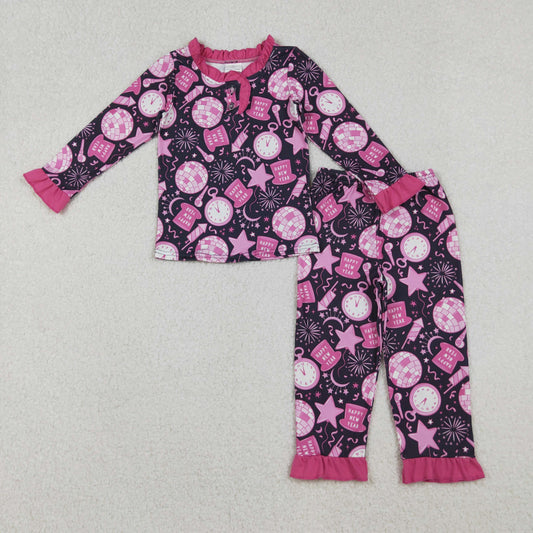 Baby Girls Hot Pink Happy New Year Button Top Pant Pajamas Sets