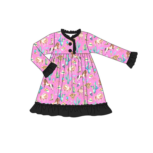 Baby Girls Pink Horse Cactus Long Sleeve Gowns Dresses Preorder(moq 5)