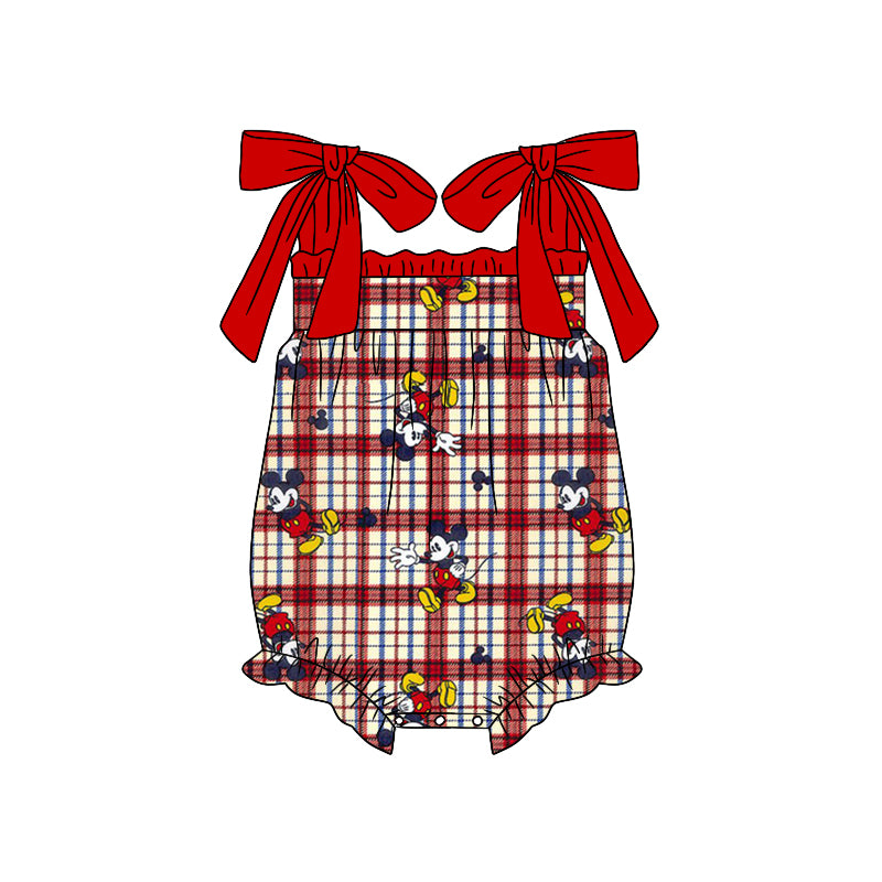 Baby Girls Red Checkered Cartoon Mouse Straps Ruffle Summer Rompers preorder(moq 5)