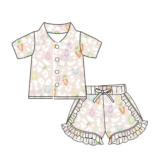 Baby Girls Easter Leopard Bunny Buttons Top Ruffle Shorts Pajamas Sets preorder(MOQ 5)