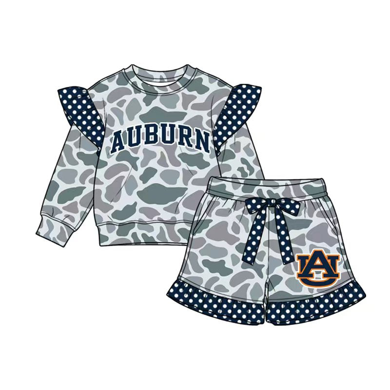 Preorder (moq 5) Baby Girl Clothes Auburn AU Logo Camo Polka Dot Ruffle Print Long Sleeve Top Short Set