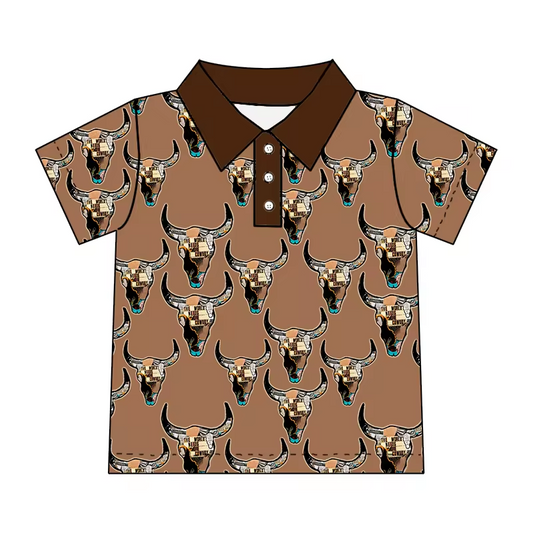 Baby Boys Western Cow Skull Short Sleeve Buttons Top Shirt Preorder(moq 5)