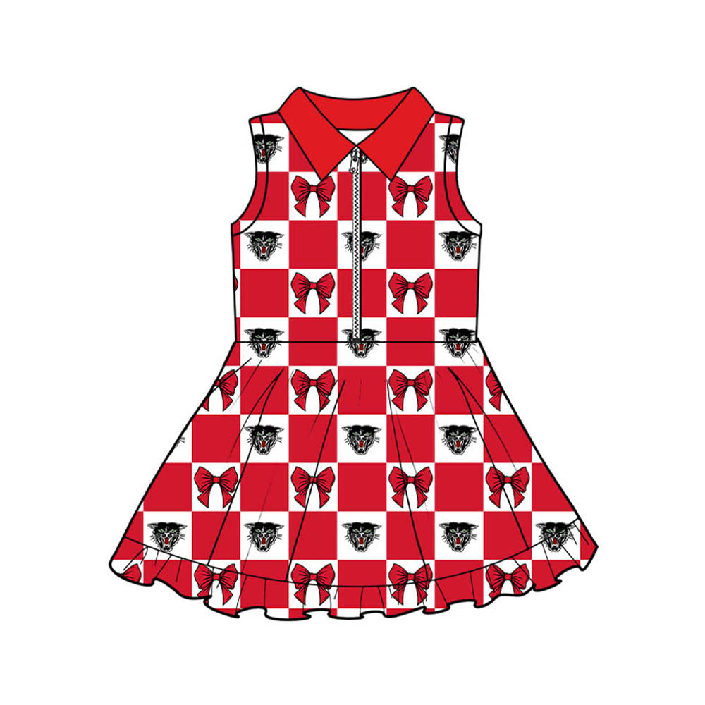 Preorder (moq 5)Baby Girls Red Bows Bearcat Checked Zipper Short Team Knee Length Dresses