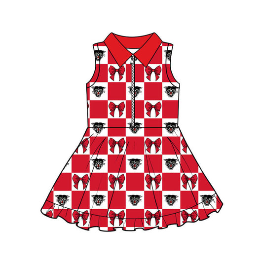 Preorder (moq 5)Baby Girls Red Bows Bearcat Checked Zipper Short Team Knee Length Dresses