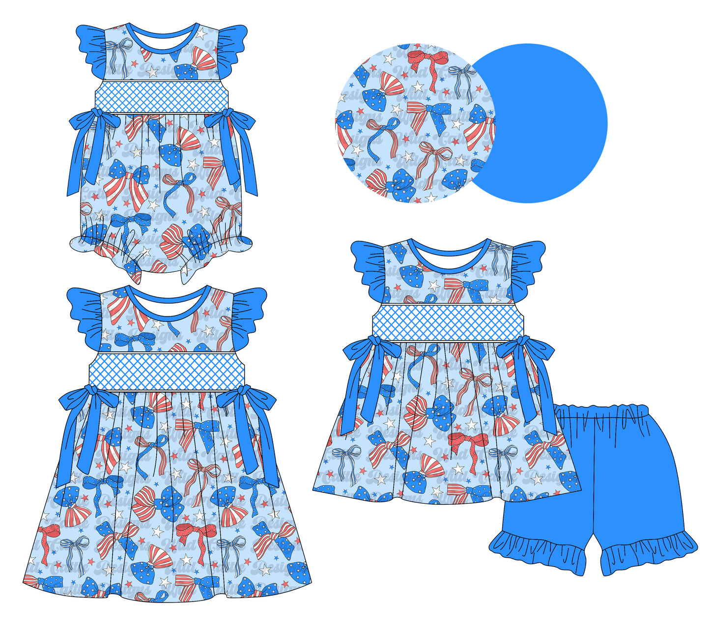 Preorder moq 5 Custom Baby Girls Blue Red Bows Stars Tunic Ruffle Short 4th Of July Set Knee Length Dress And Rompers
