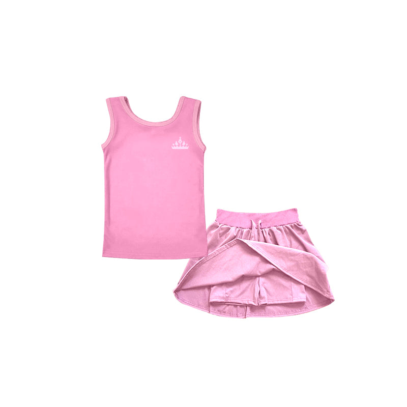Preorder(moq 5)Baby Girls Pink Princess Sleeveless Tee Shirt Skorts Clothes Sets