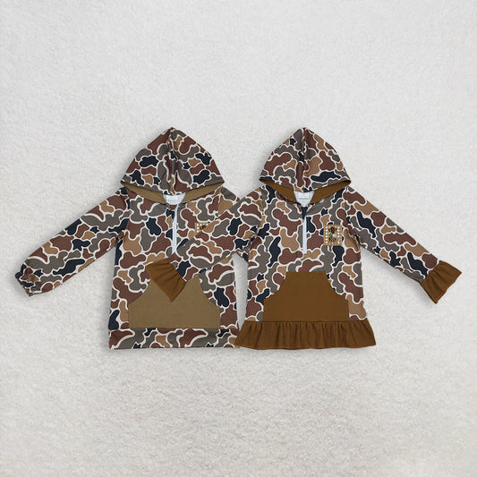 Sibling Baby Kids Brown Camo Embroidery Dog Duck Pocket Zip Hunting Hoodies Top