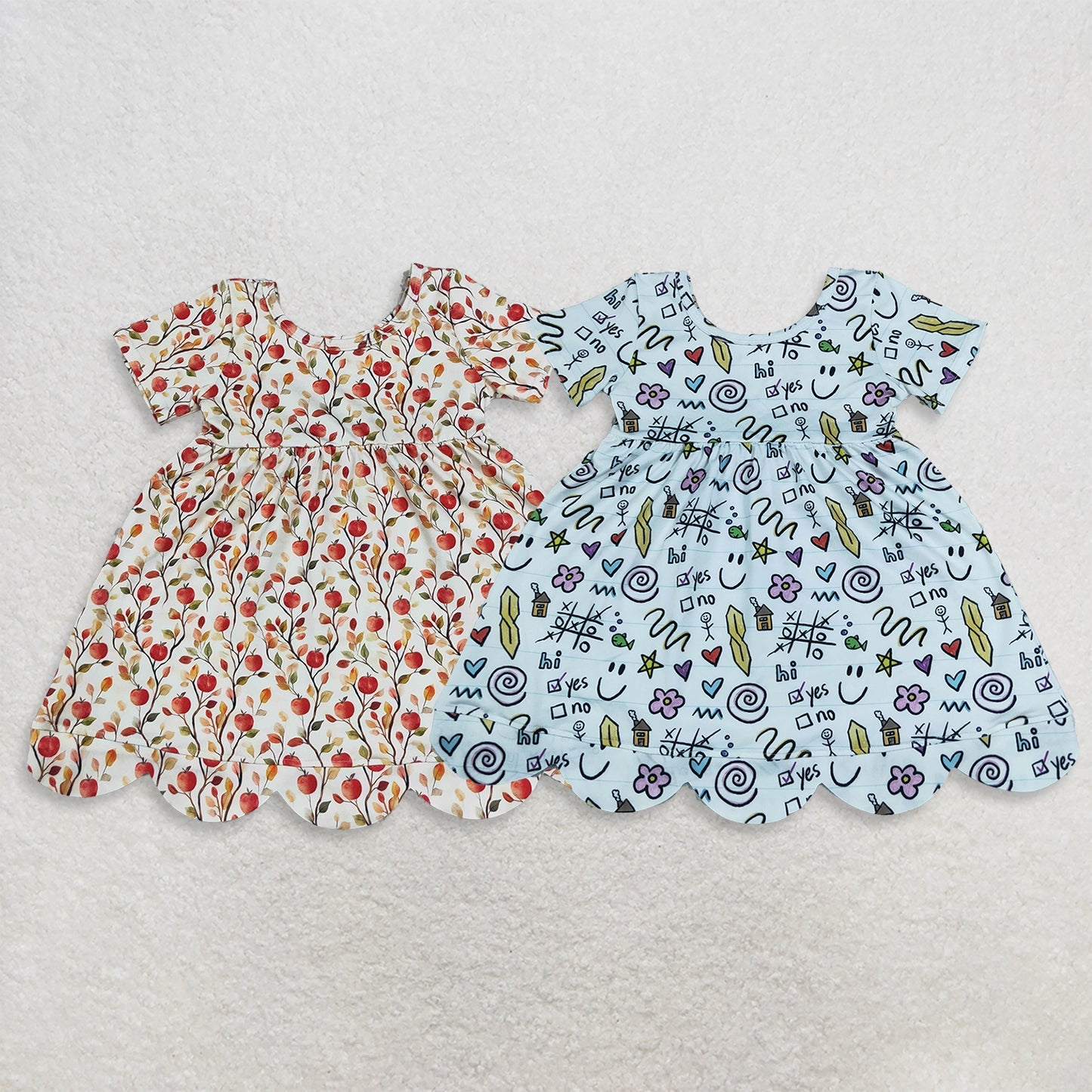 Sibling Baby Girls Short Sleeve Apple Flowers Back to School Scallop Knee Length Dresses