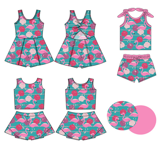 Preorder moq 5 Custom Baby Girls Sleeveless Flamingo Flowers Top Skort Set Knee Length Dress Pockets Short Set