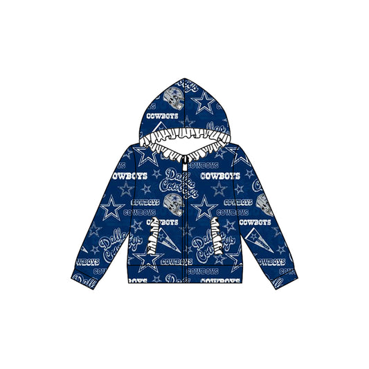 Preorder (moq 5)Baby Girls Cowboys Team Football Hooded Zip Ruffles Tops Jackets