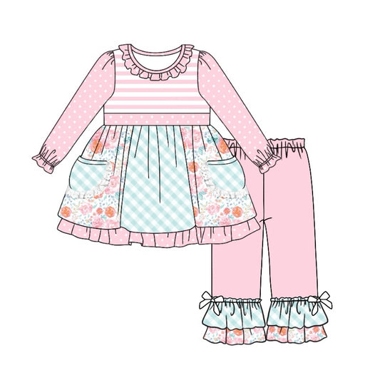 Baby Girls Pink Flowers Pockets Tunic Top Ruffle Pants Outfits Clothes Sets preorder(MOQ 5)