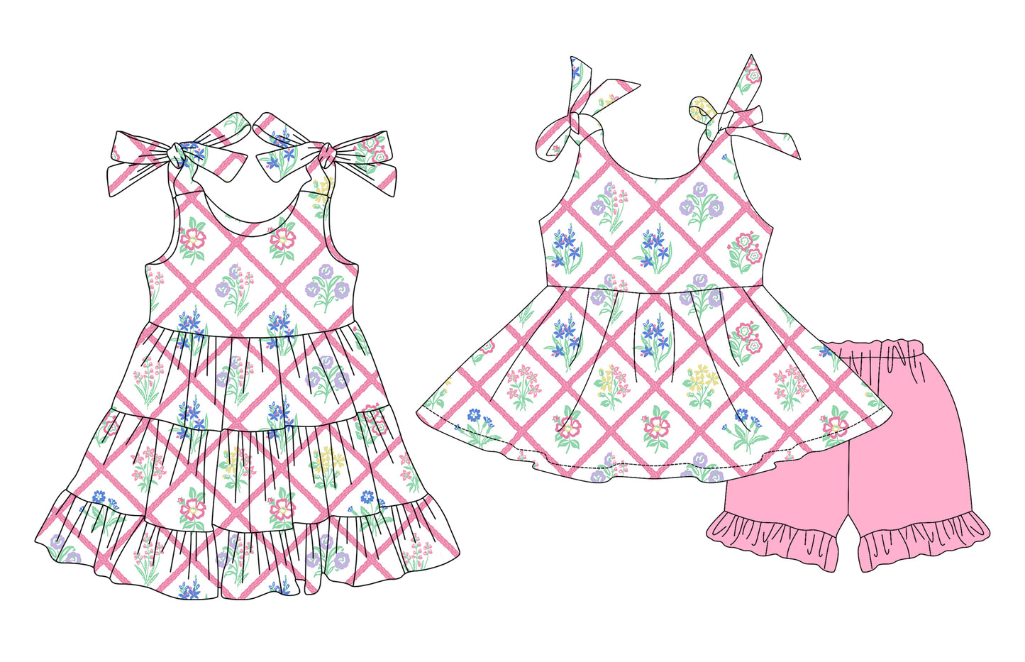 Preorder moq 5 Custom Baby Girls Strap Pink Floral Plaid Tunic Ruffle Short Set Knee Length Dresses