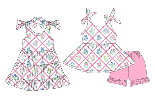 Preorder moq 5 Custom Baby Girls Strap Pink Floral Plaid Tunic Ruffle Short Set Knee Length Dresses