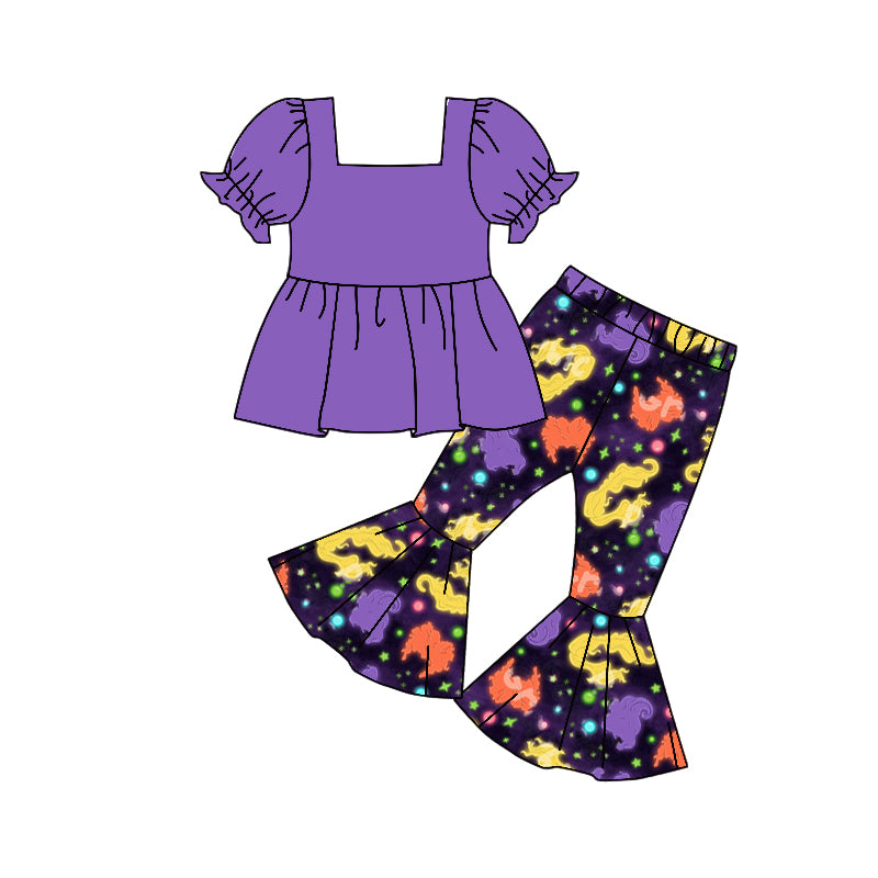 Baby Girls Purple Top Halloween Witches Bell Pants Clothes Sets Preorder(moq 5)