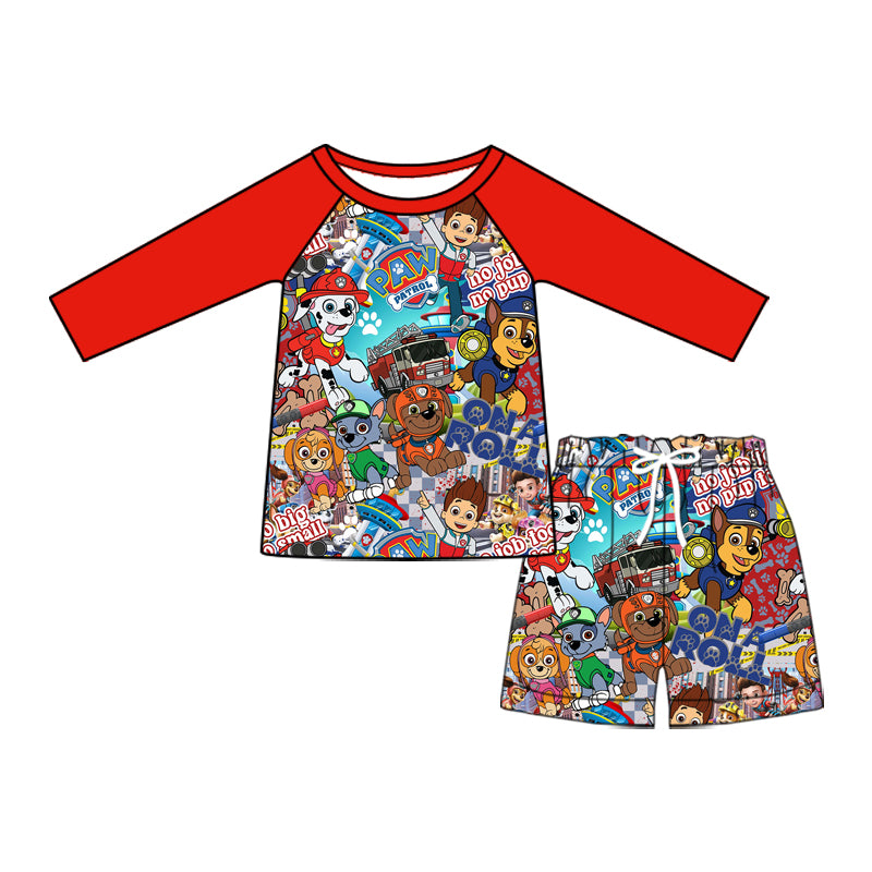 Preorder (moq 5)Baby Boys Cartoon Dogs Red Long Sleeve Top Two Pieces Swimsuits