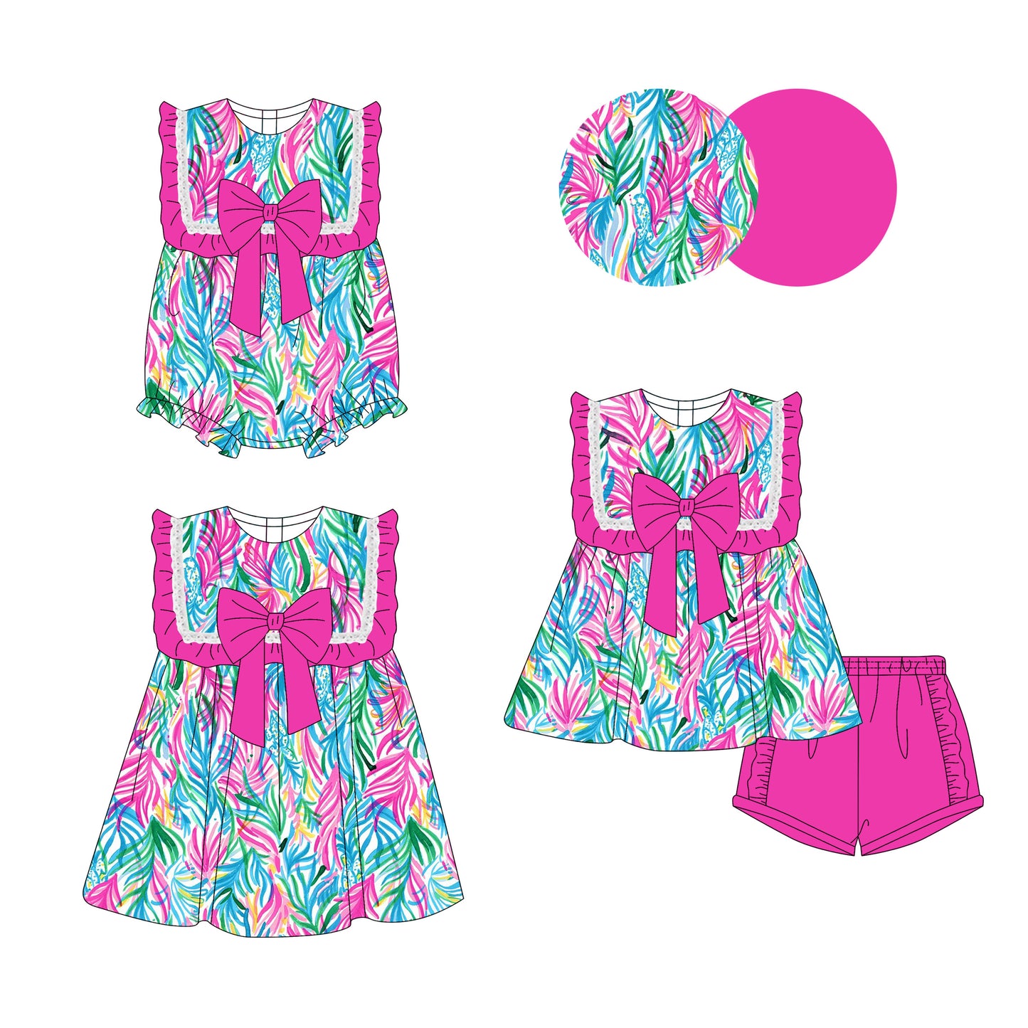 Preorder moq 5 Custom Baby Girls Hot Pink Sleeveless Watercolor Floral Bow Tunic Ruffle Short Set Knee Length Dress Rompers