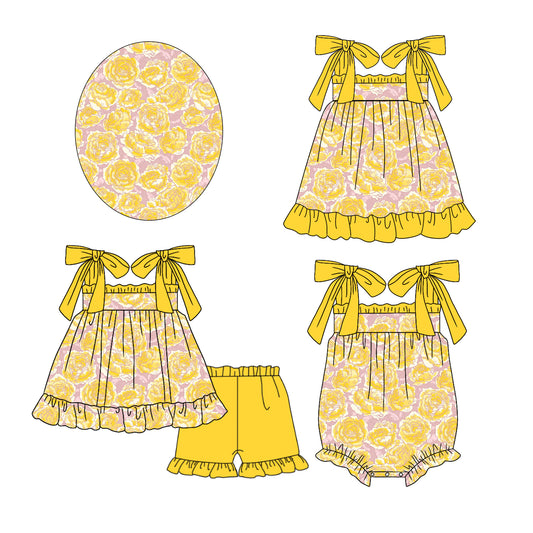 Preorder moq 5 Custom Baby Girls Yellow Strap Flowers Tunic Ruffle Short Sets Knee Length Dress Rompers