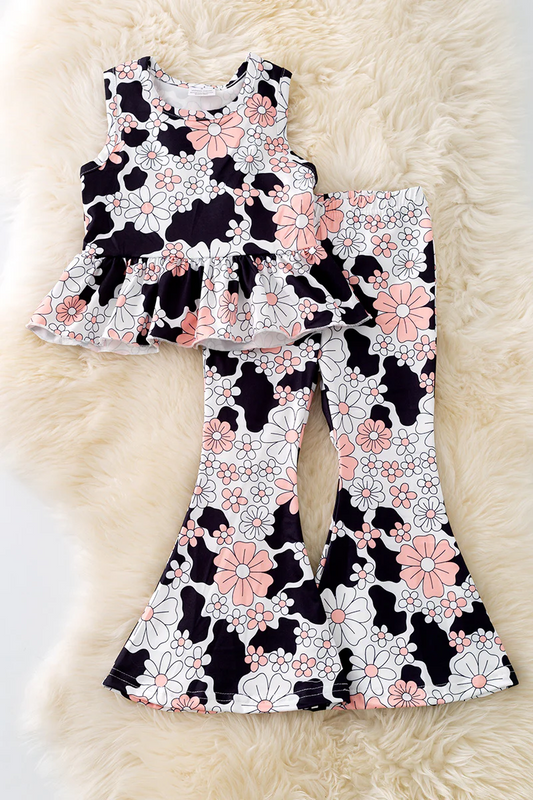 Preorder moq 5 Baby Girls Sleeveless Cow Print Flowers Tunic Bell Bottom Pant Set
