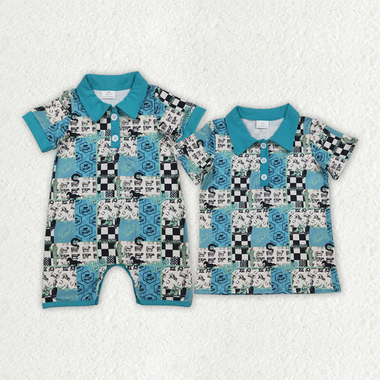 Sibling Baby Boys Horse Rodeos Aztec Checked Western Button Polo Shirts Top Rompers