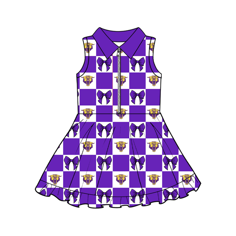 Preorder (moq 5)Baby Girls Purple Bows Wildcats Checked Zipper Short Team Knee Length Dress
