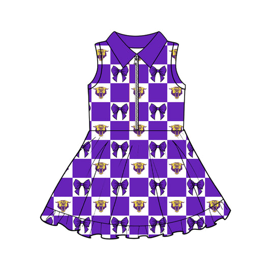 Preorder (moq 5)Baby Girls Purple Bows Wildcats Checked Zipper Short Team Knee Length Dress