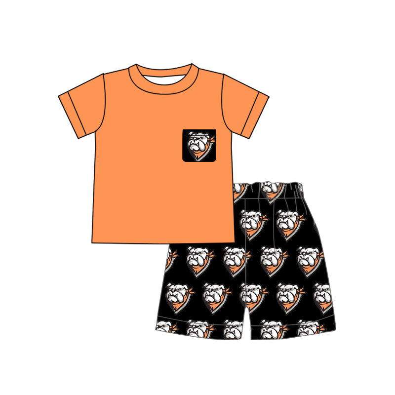 Preorder (moq 5)Baby Boys Orrange Dog Pocket Top Shorts Team Clothes Sets