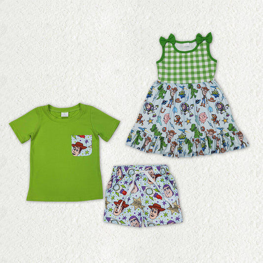 Sibling Baby Boys Girls Cartoon Style Pockets Short Clothes Set Ruffle Knee Length Dresses