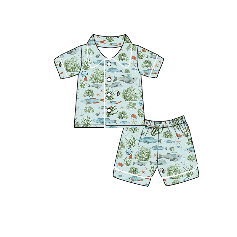 Baby Girls Green Fishing Buttons Shirt Shorts Pajamas Clothes Sets preorder (moq 5)