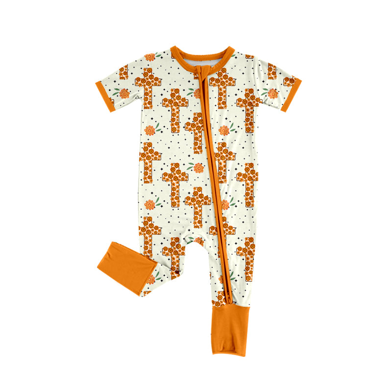 Infant Baby Girls Easter Orange Cross Zip Rompers preorder(moq 5)